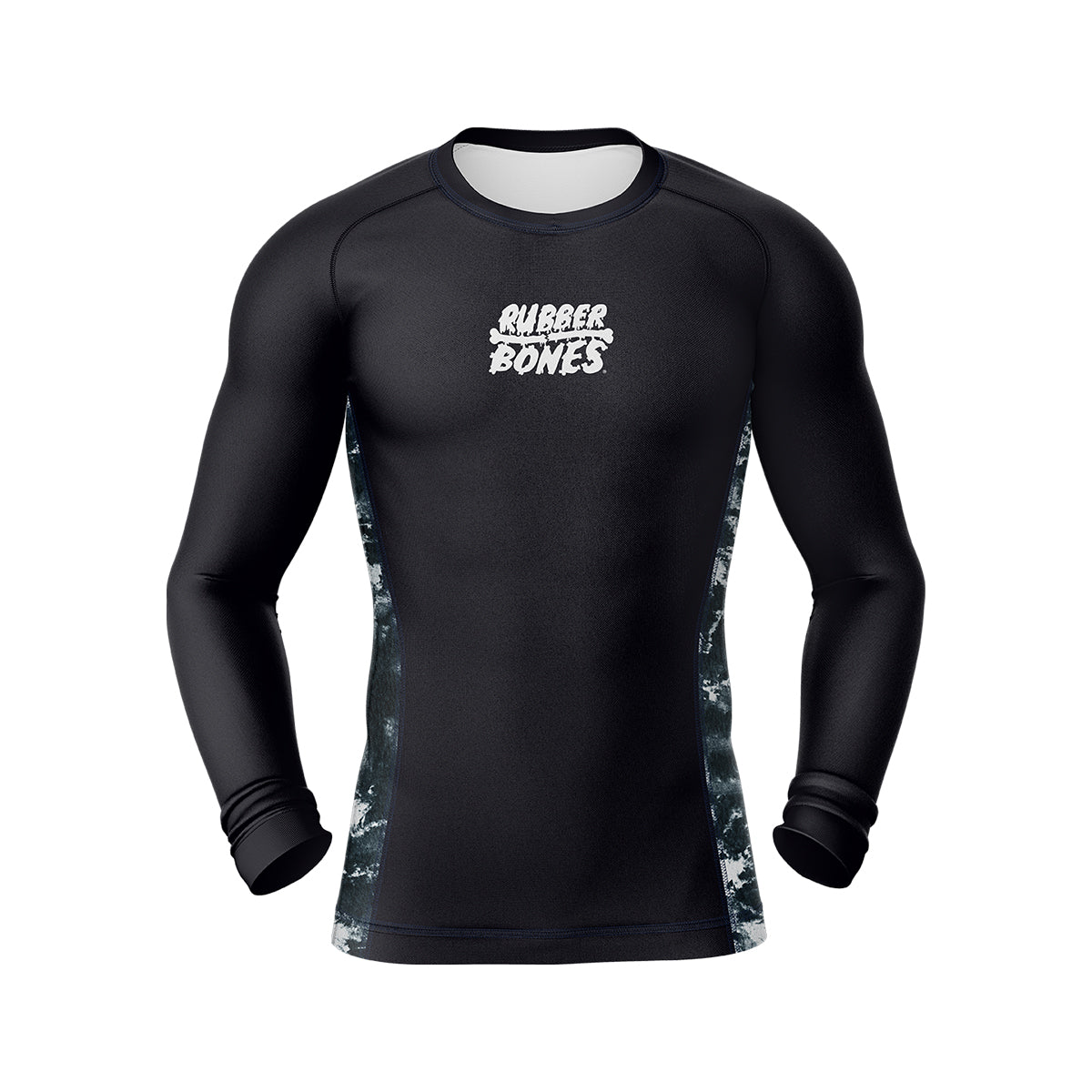 Men’s Long Sleeve Ash BJJ Rash Guard – black rash guard with white Rubber Bones logo on chest and gray marble side panels, front view on plain background.