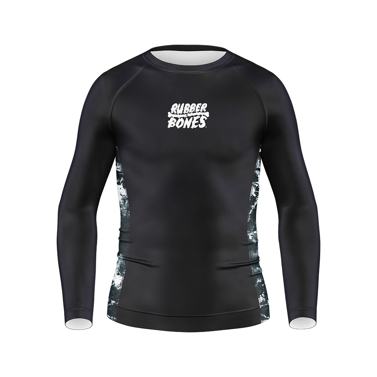 Kids Long Sleeve Ash BJJ Rash Guard – black rash guard with white Rubber Bones logo on chest and gray marble side panels, front view on plain background.