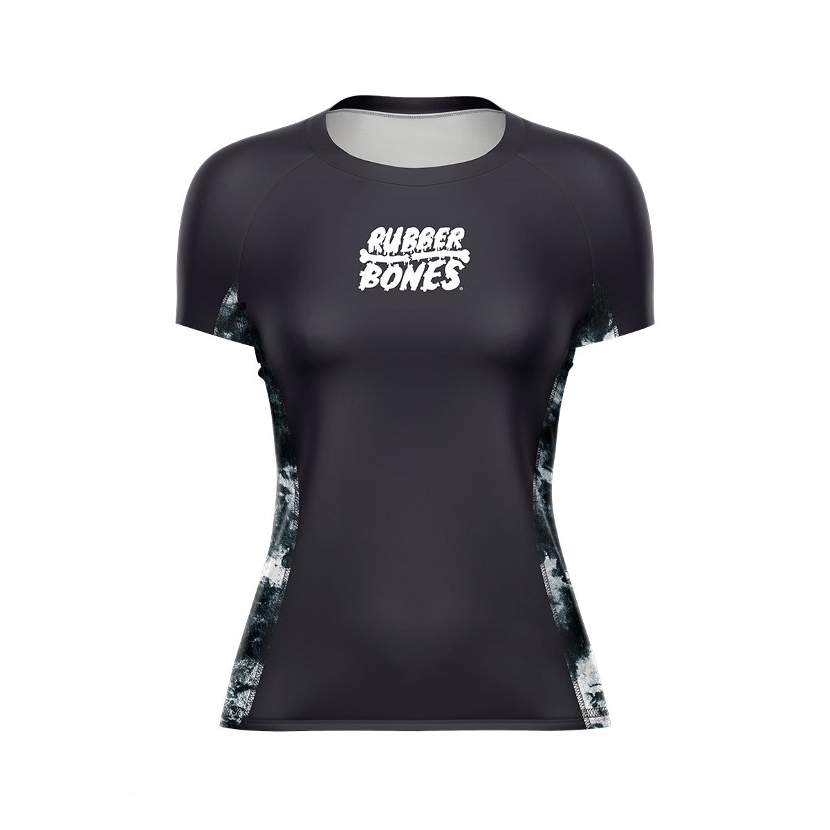 Women’s Ash BJJ Rash Guard – black short sleeve rash guard with white Rubber Bones logo on chest and marble-style side panels, front view on plain background.
