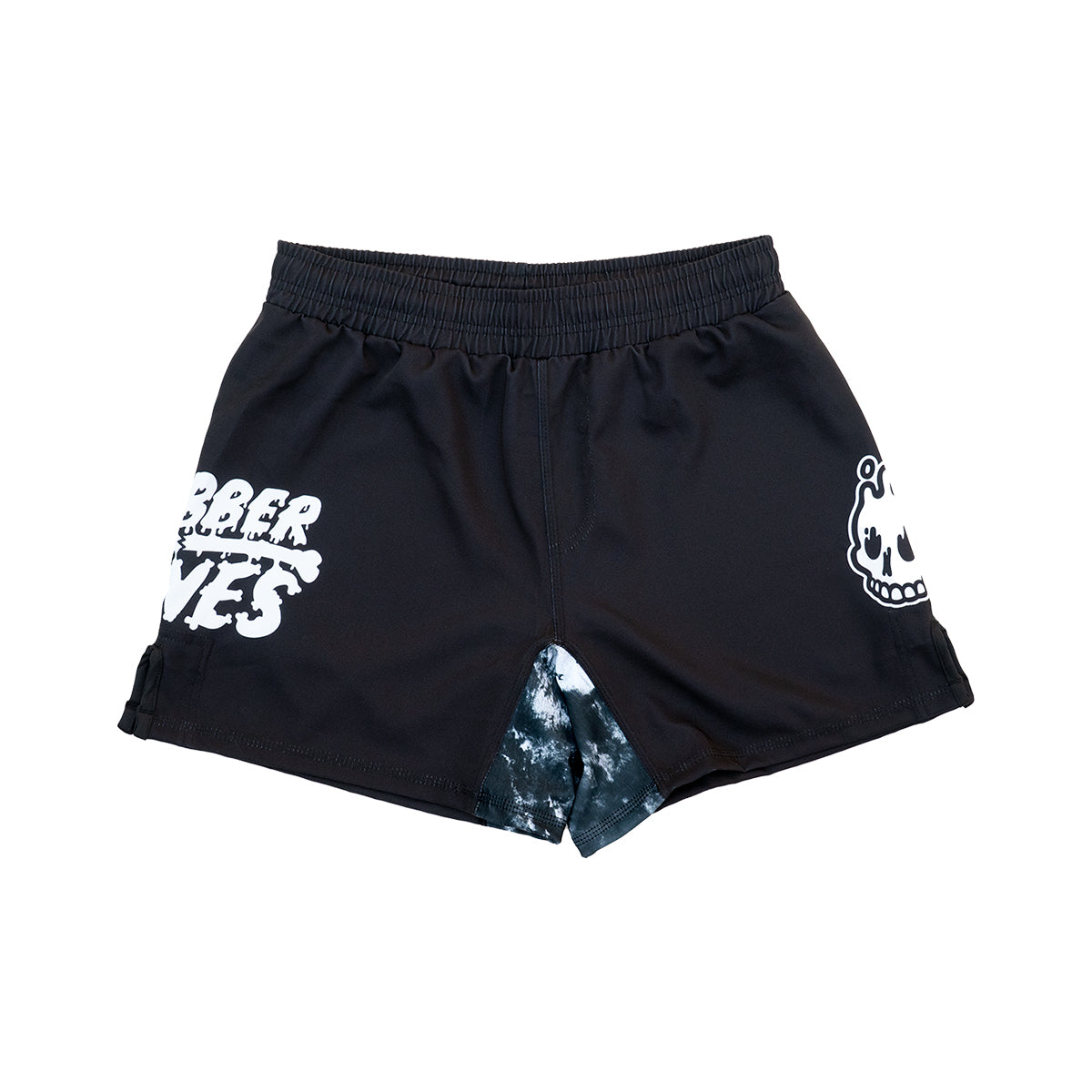 Front view of Rubber Bones Ash BJJ shorts in black with white skull and logo graphics and a subtle tie-dye inset detail.