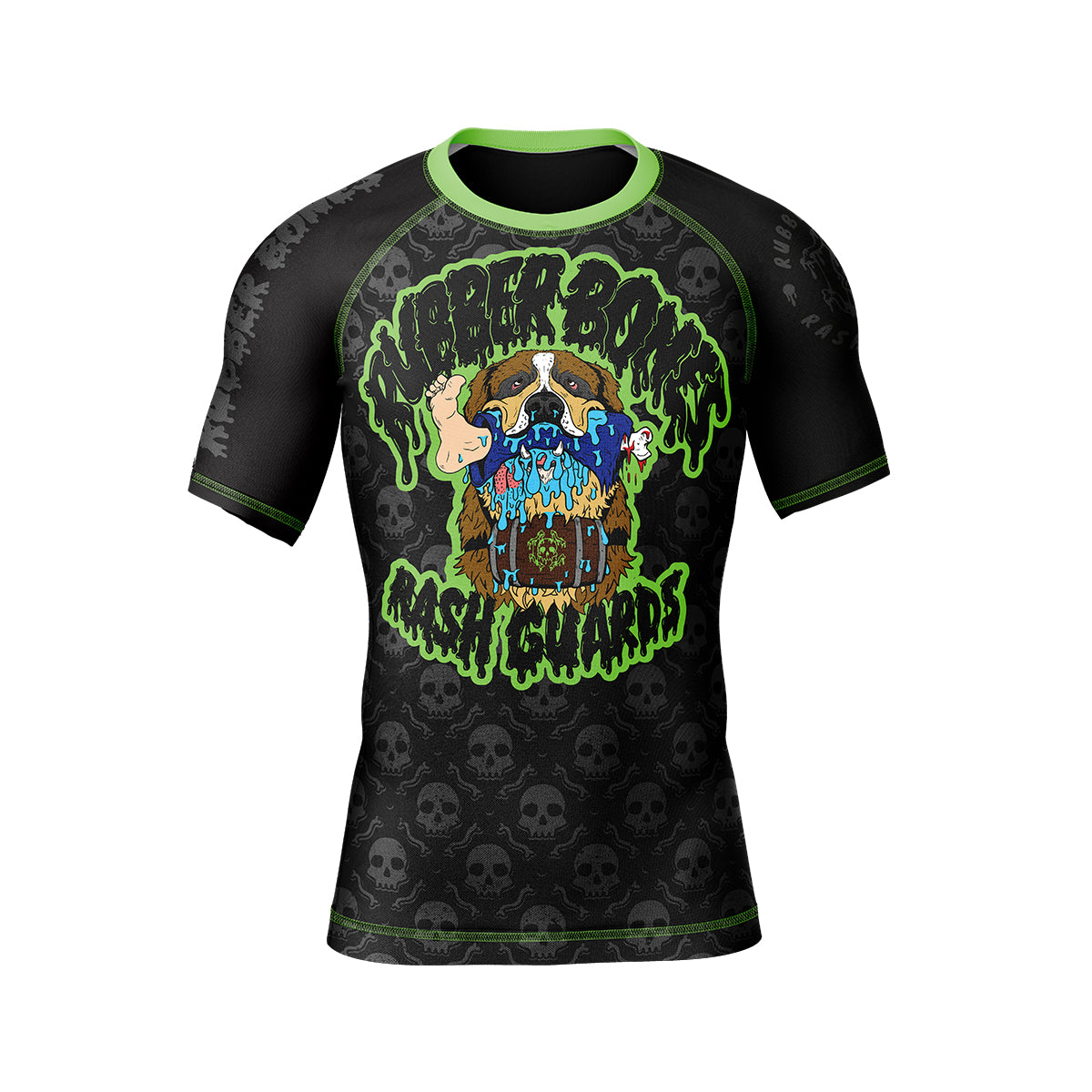 A black short-sleeve rash guard with neon green trim, featuring a large illustration of a drooling St. Bernard dog with a gnarly expression, biting down on a severed grappler’s leg. The Rubber Bones logo is displayed above in a dripping horror-style font.