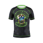 Bad Bone Rash Guard with bold full-color illustration of a dog and skull pattern in black, grey, and green.