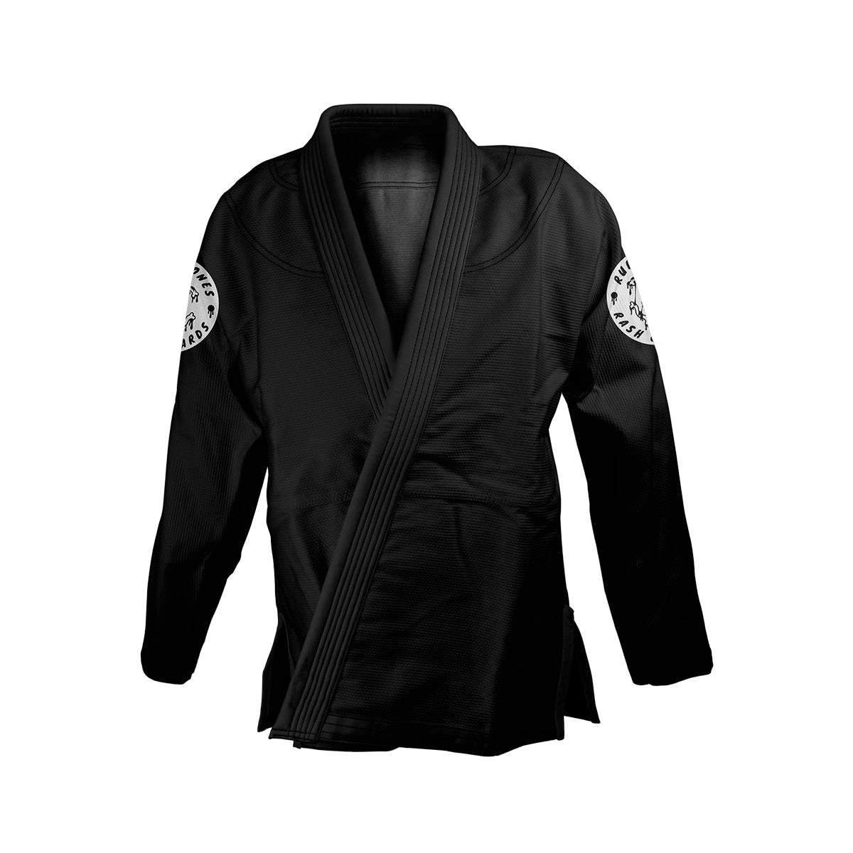 Black Brazilian Jiu-Jitsu gi jacket with a sleek, minimalist design. Features two white Rubber Bones patches on the upper sleeves, each displaying the brand’s signature style. Constructed with durable fabric and reinforced stitching, this gi is designed for both performance and style.