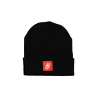 Black cuff beanie with white Rubber Bones Icon logo on a red patch.