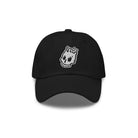 Black Dad Hat - Front View: A black dad hat with the Rubber Bones icon embroidered in white on the front panel.