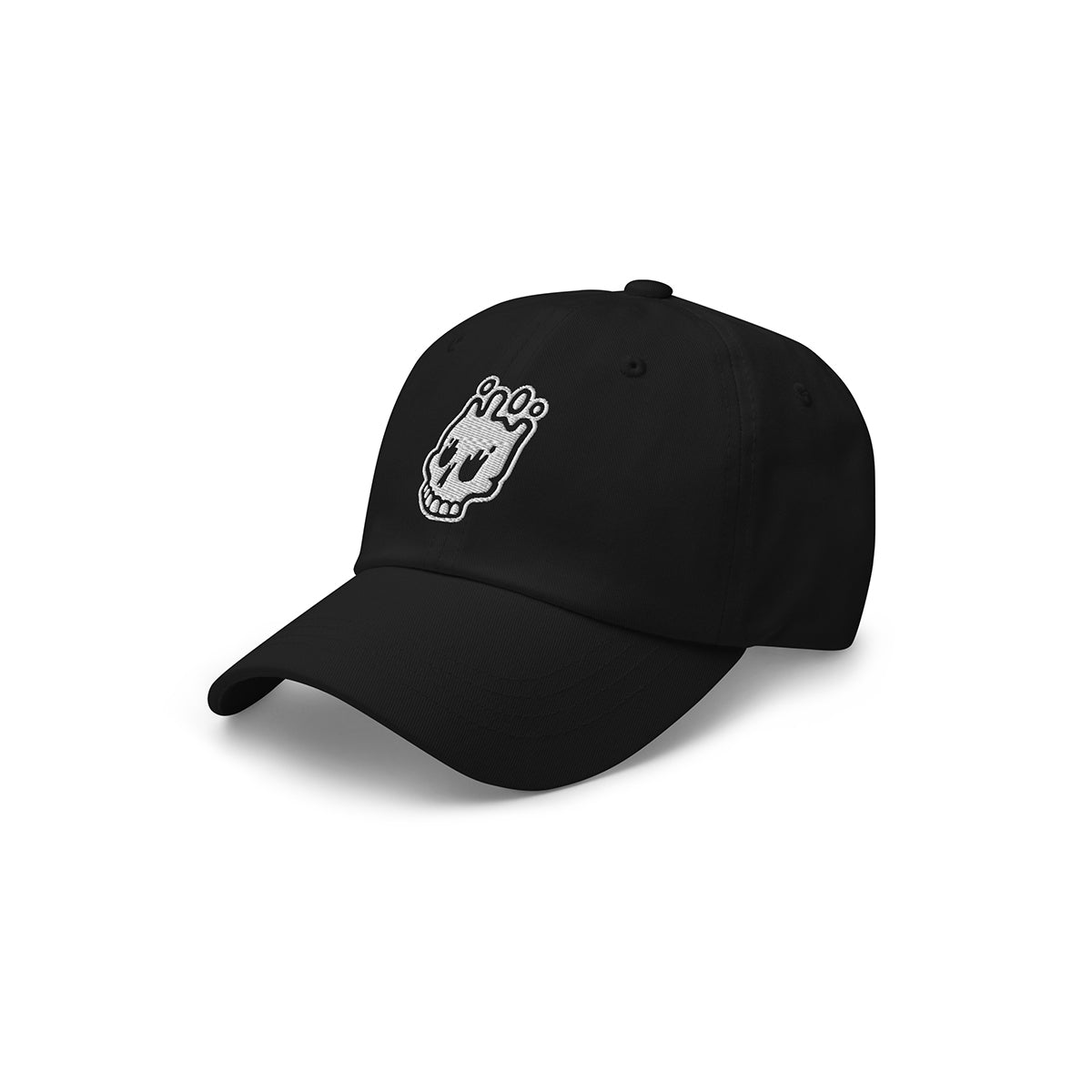 Black Dad Hat - Angled View: A side-angled view of the black dad hat, featuring the Rubber Bones icon embroidered in white.