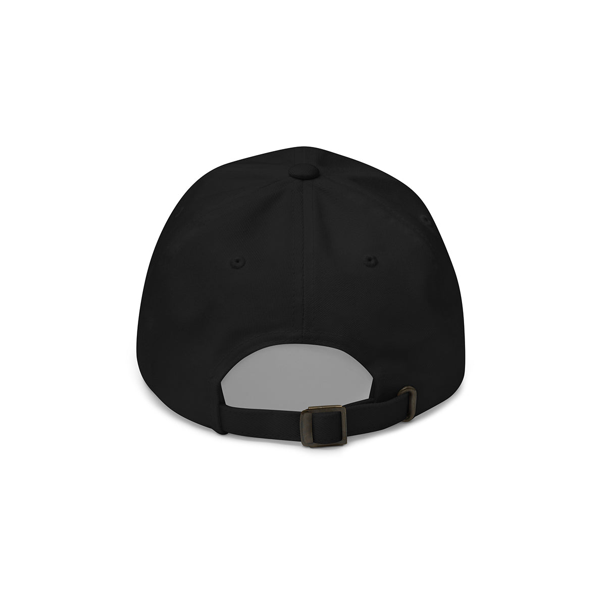 Black Dad Hat - Back View: The back of the black dad hat, showing an adjustable strap with a metal buckle.