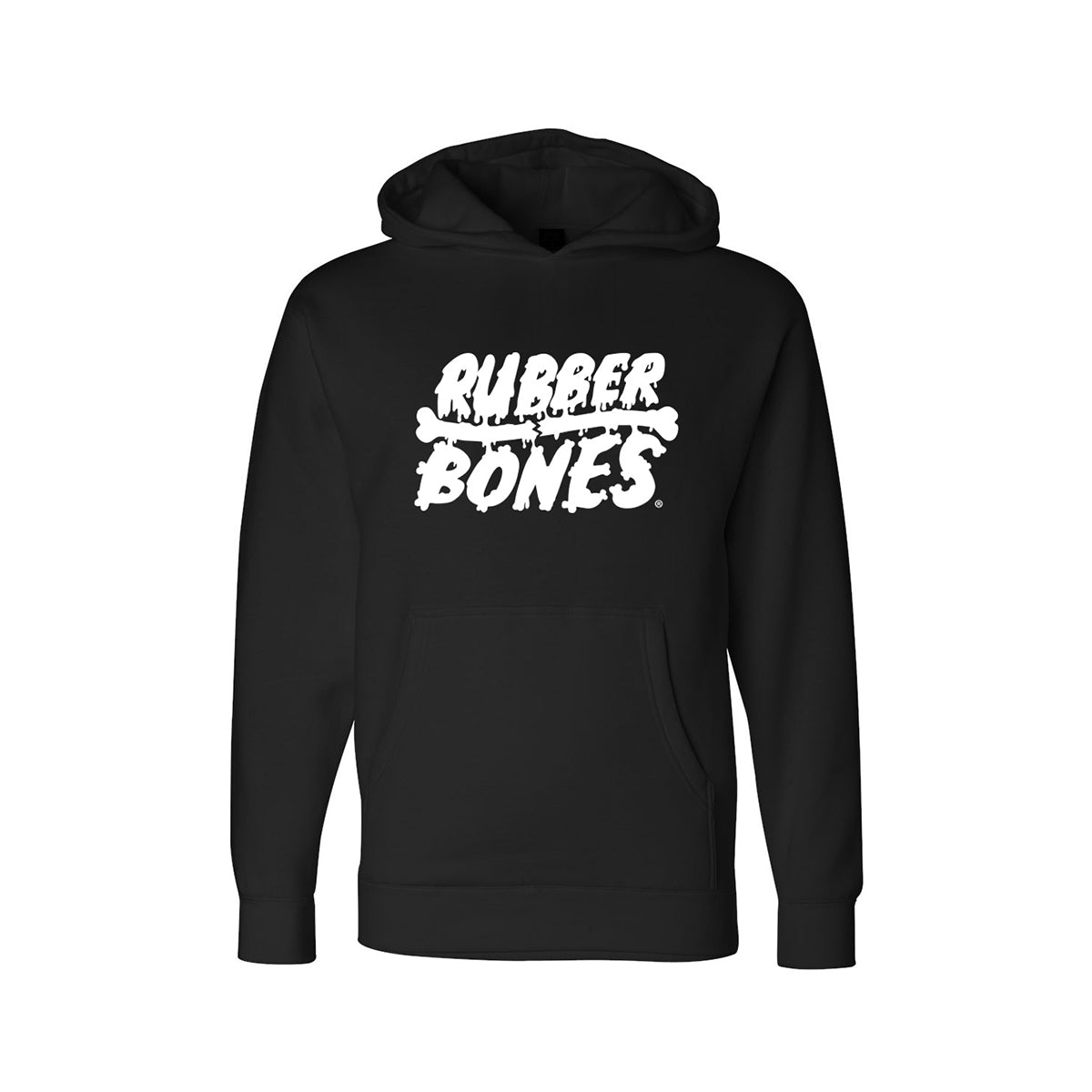 Men's black heavyweight Rubber Bones logo hoodie with white skull branding on chest, Independent Trading Co SS4500 fleece, double-drawstring hood, perfect for BJJ training and casual wear.