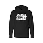 Men's black heavyweight Rubber Bones logo hoodie with white skull branding on chest, Independent Trading Co SS4500 fleece, double-drawstring hood, perfect for BJJ training and casual wear.