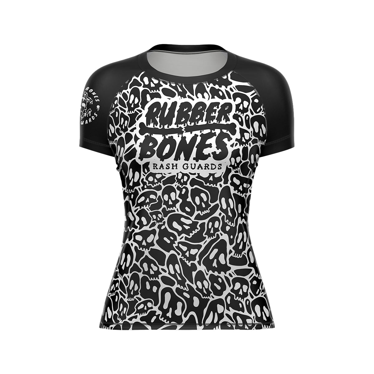 Mock-up of Women's Black Ranked Rash Guard featuring sleek design with skull web pattern and IBJJF-approved style.