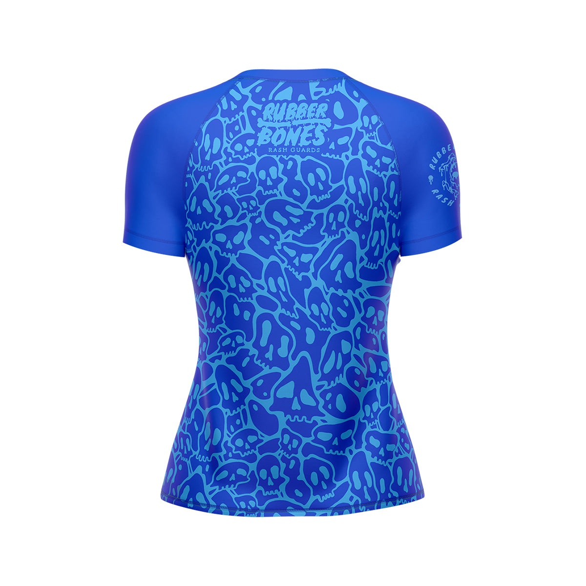 Mock-up of Women's Blue Ranked Rash Guard showcasing the back design with skull web pattern and IBJJF approval.