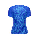 Mock-up of Women's Blue Ranked Rash Guard showcasing the back design with skull web pattern and IBJJF approval.