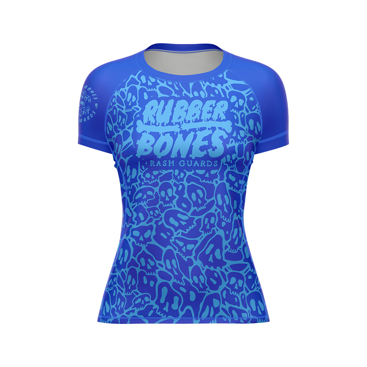 Mock-up of Women's Blue Ranked Rash Guard featuring sleek design with skull web pattern and IBJJF-approved style.