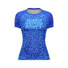 Mock-up of Women's Blue Ranked Rash Guard featuring sleek design with skull web pattern and IBJJF-approved style.