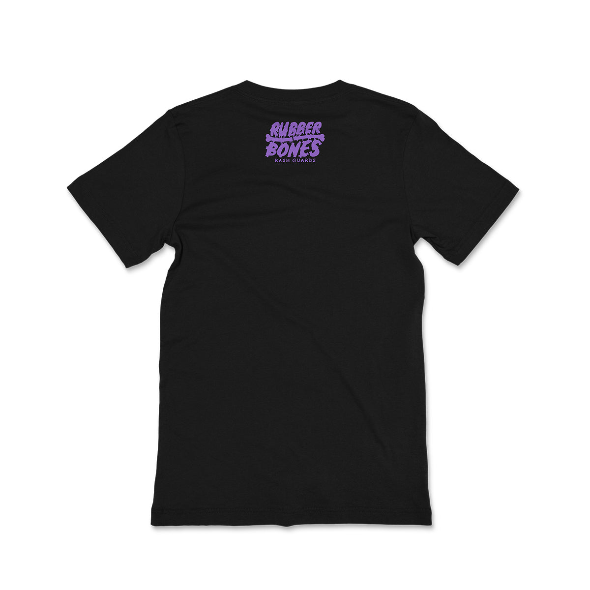 Back view of a black T-shirt featuring a small Rubber Bones Rash Guards logo in purple, placed near the upper center of the back. The design is subtle yet distinct, adding a branded touch to the otherwise minimalistic back of the shirt.