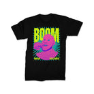 Black T-shirt featuring a vibrant, neon-colored illustration of Brian Kelleher with the word 'BOOM' in bold, bright green letters above him. The design includes an intense pink and blue portrait with dynamic burst effects, giving it an electrifying, street-art-inspired look. 'Brian Kelleher' is written in yellow at the bottom, completing the bold graphic style.