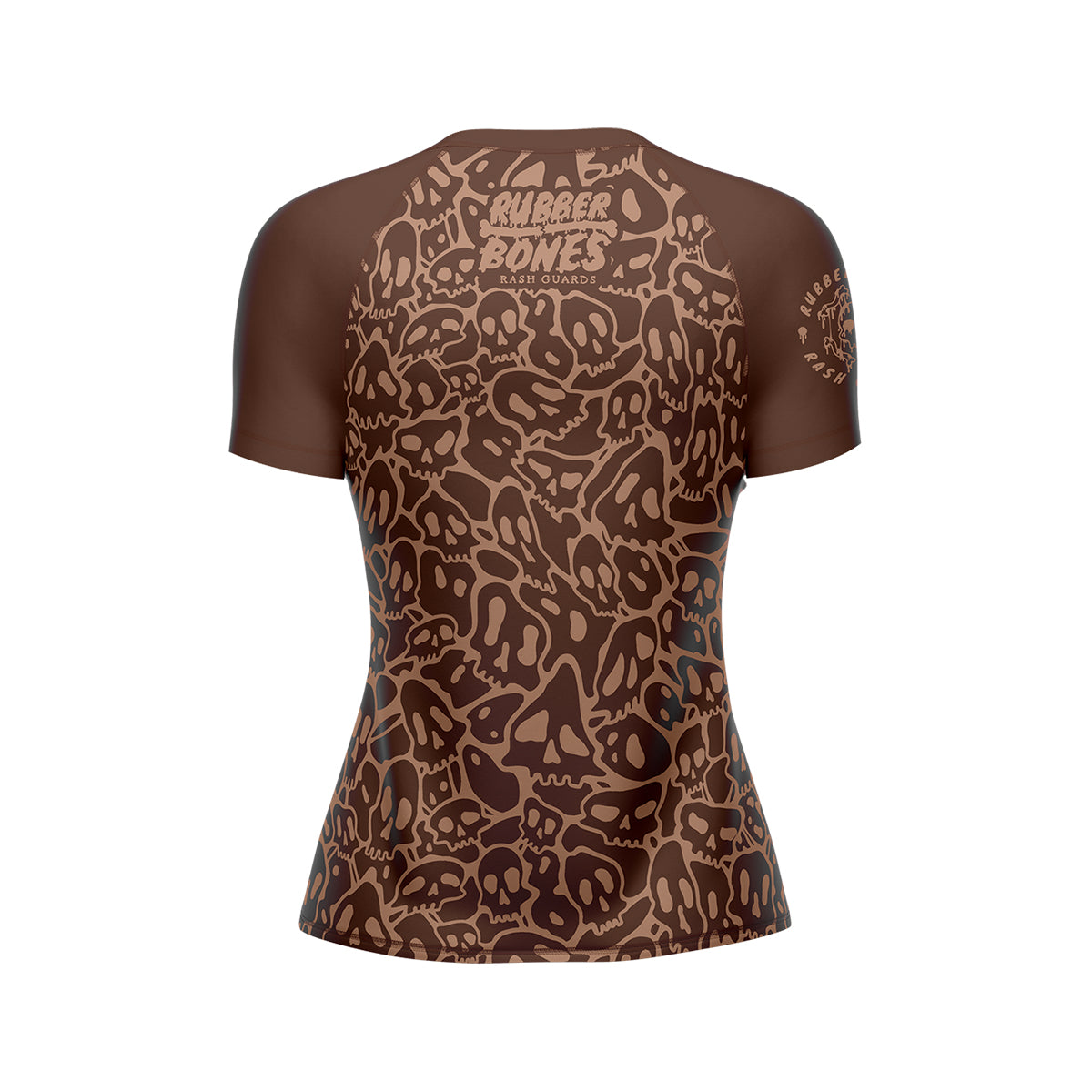 Mock-up of Women's Brown Ranked Rash Guard showcasing the back design with bold skull web pattern and IBJJF approval.