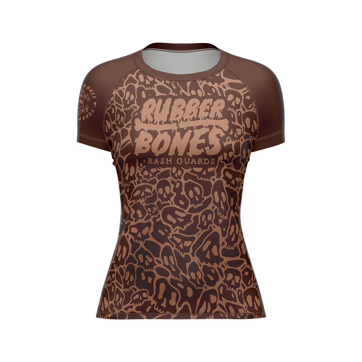 Mock-up of Women's Brown Ranked Rash Guard featuring sleek brown design with skull web pattern and IBJJF-approved style.