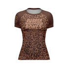 Mock-up of Women's Brown Ranked Rash Guard featuring sleek brown design with skull web pattern and IBJJF-approved style.