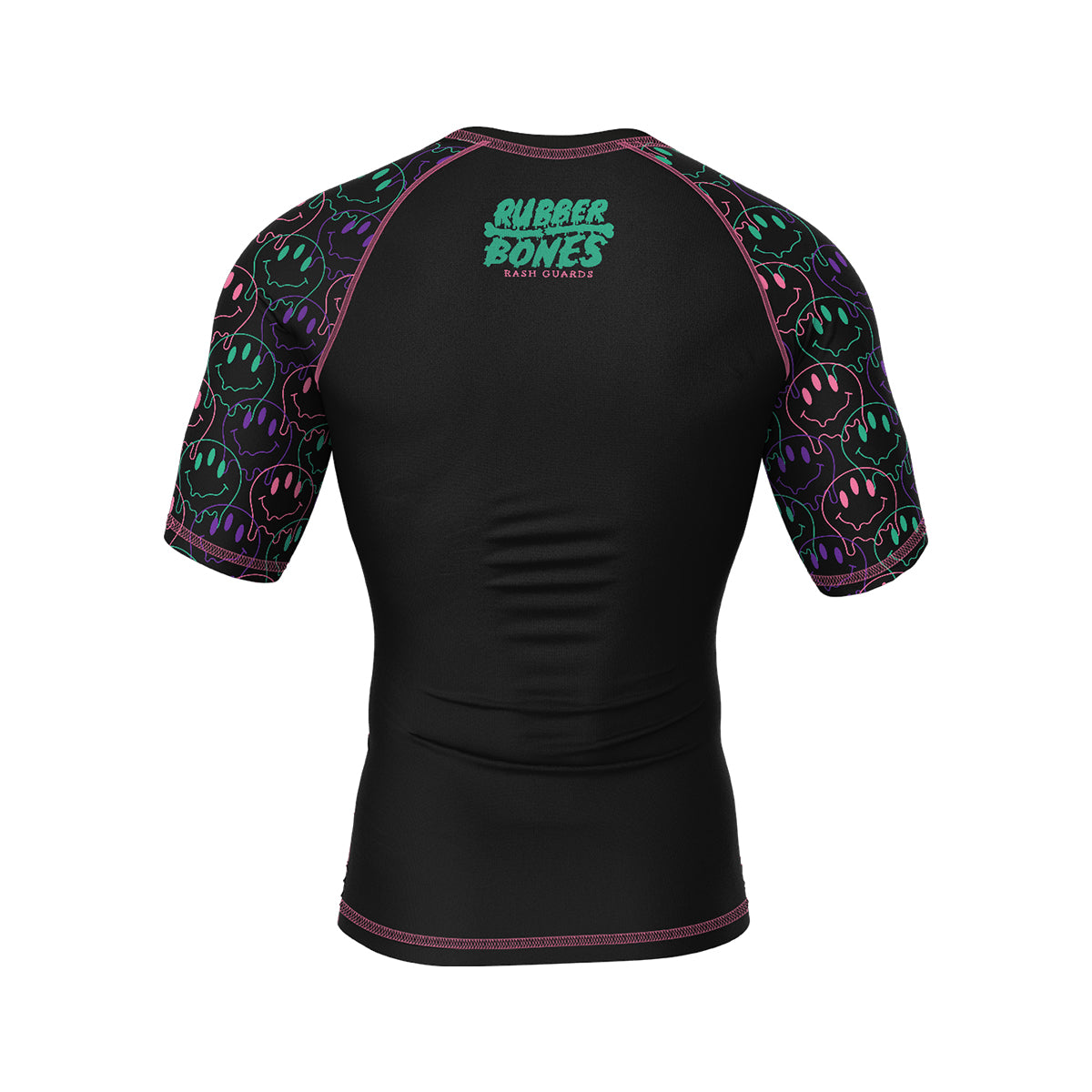 Black short-sleeve BJJ rash guard with neon green 'Rubber Bones Rash Guards' branding on the upper back. Sleeves feature a repeating pattern of melting smiley faces in green, pink, and purple, outlined in neon.