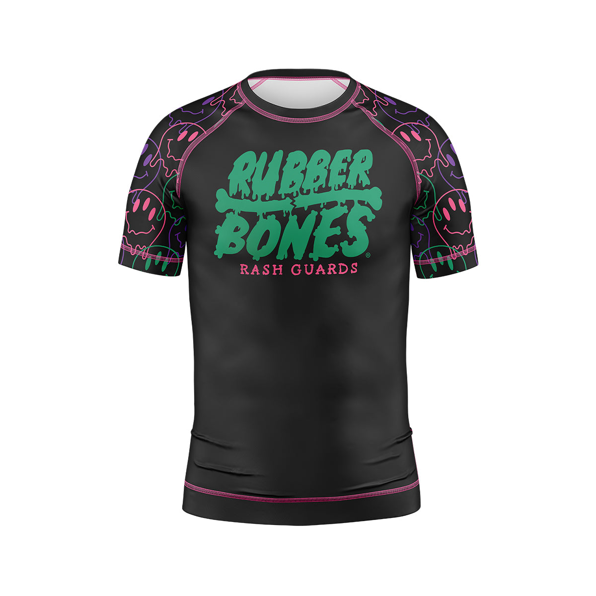 Kids' BJJ rash guard featuring a bold 'Rubber Bones Rash Guards' logo in dripping green text on a black body. The short sleeves showcase a neon-inspired pattern of pink, green, and purple drippy smiley faces. Finished with pink stitching, this rash guard combines durability, comfort, and standout style for young grapplers.