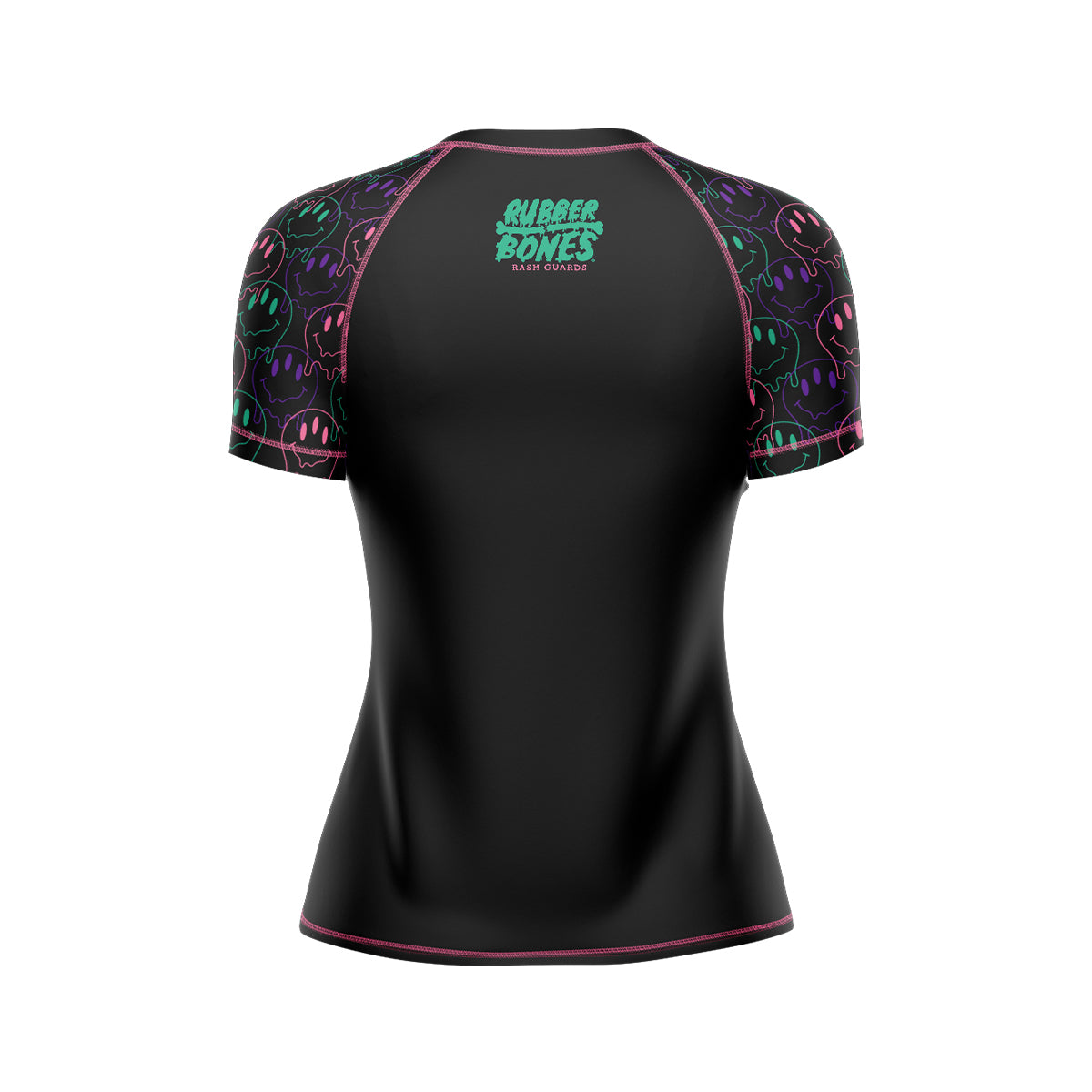 Black women's short-sleeve BJJ rash guard with neon green 'Rubber Bones Rash Guards' branding on the upper back. Sleeves are decorated with a colorful dripping smiley face pattern in green, pink, and purple.