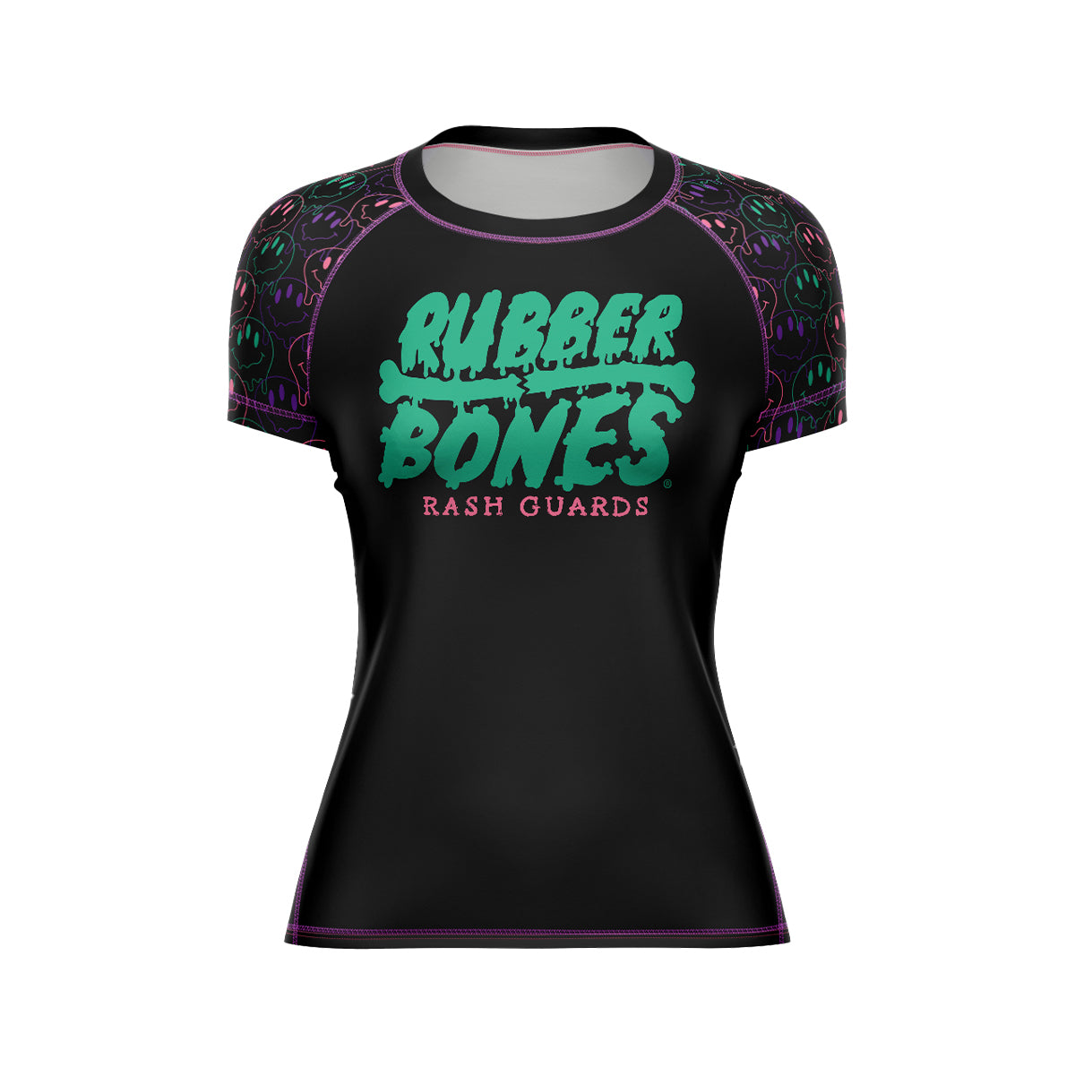 Black women's short-sleeve BJJ rash guard with a neon green and pink 'Rubber Bones Rash Guards' logo on the chest. Sleeves feature a psychedelic melting smiley face design, blending vibrant colors.