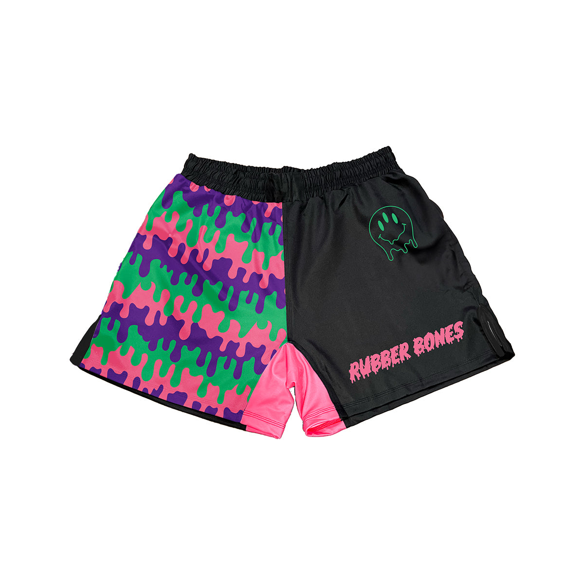 Asymmetrical BJJ shorts with one side featuring a neon green, pink, and purple  drip pattern, while the other side remains black with a neon green melting smiley face and pink 'Rubber Bones' logo