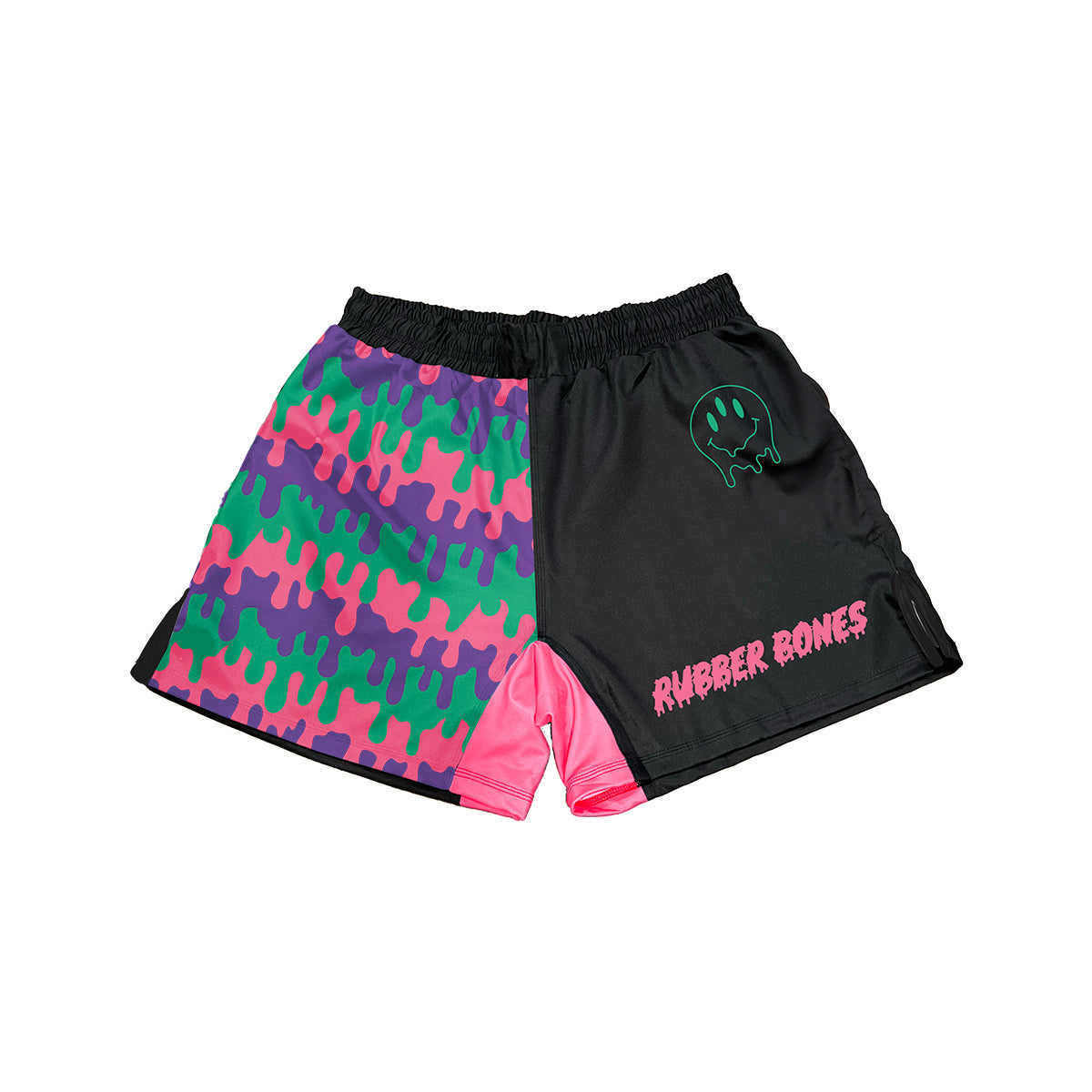 Asymmetrical BJJ shorts with one side featuring a neon green, pink, and purple  drip pattern, while the other side remains black with a neon green melting smiley face and pink 'Rubber Bones' logo