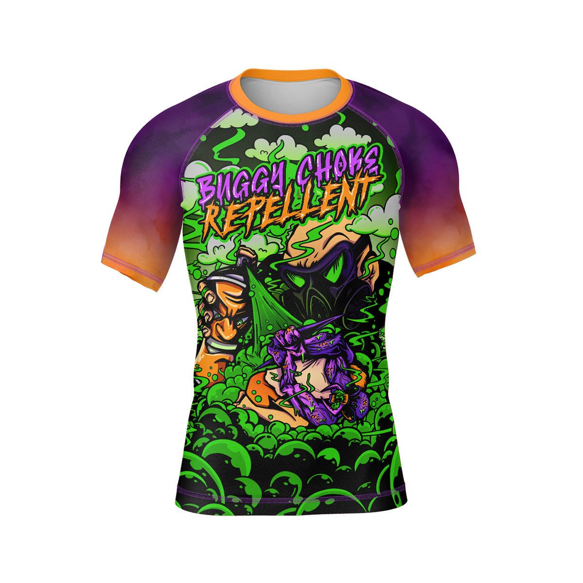 A striking no-gi rash guard with a bold design. The front features a neon green, black, and purple illustration of a masked figure spraying repellent onto a grappler caught in a buggy choke. Above, "Buggy Choke Repellent" is displayed in jagged, horror-style lettering.