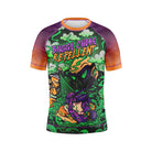 Kids no-gi rash guard with a bold design. The front features a neon green, black, and purple illustration of a masked figure spraying repellent onto a grappler caught in a buggy choke. Above, "Buggy Choke Repellent" is displayed in jagged, horror-style lettering.