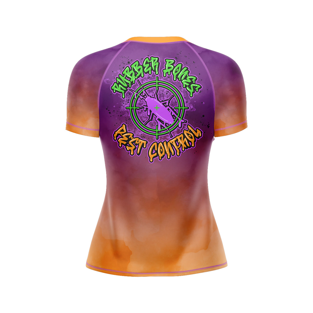 A women's fit version of the Buggy Choke Repellent rash guard. The back features the same purple-orange gradient with the green crosshair and cockroach graphic, along with the bold "Rubber Bones Pest Control" text.