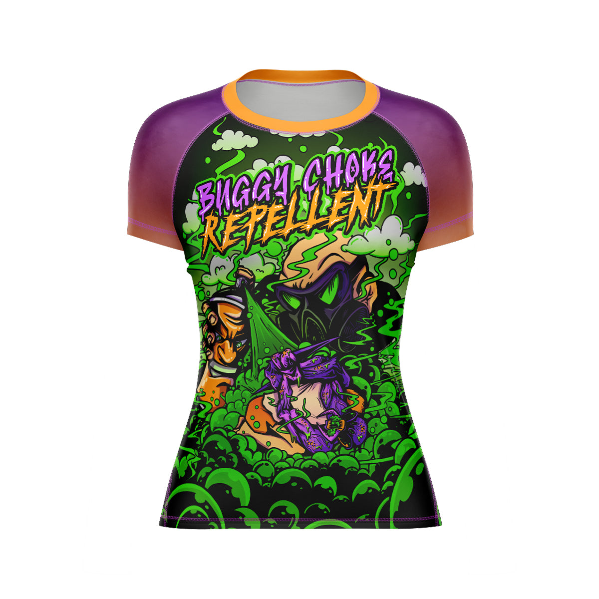 The front of the women's rash guard features the same striking illustration of the masked figure spraying repellent on a grappler, surrounded by toxic green clouds. "Buggy Choke Repellent" appears in neon-style, graffiti text above the action.