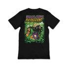 A black T-shirt featuring a bold, full-back graphic of a masked figure spraying repellent onto a grappler caught in a buggy choke. Toxic green gas swirls around them, and the words "Buggy Choke Repellent" are displayed in a jagged, horror-style font at the top.