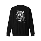 A black crew neck sweater featuring a bold, distressed-style graphic of a masked figure surrounded by cosmic elements, with the words 'Rubber Bones Rash Guards' in a grunge-style font above the design.