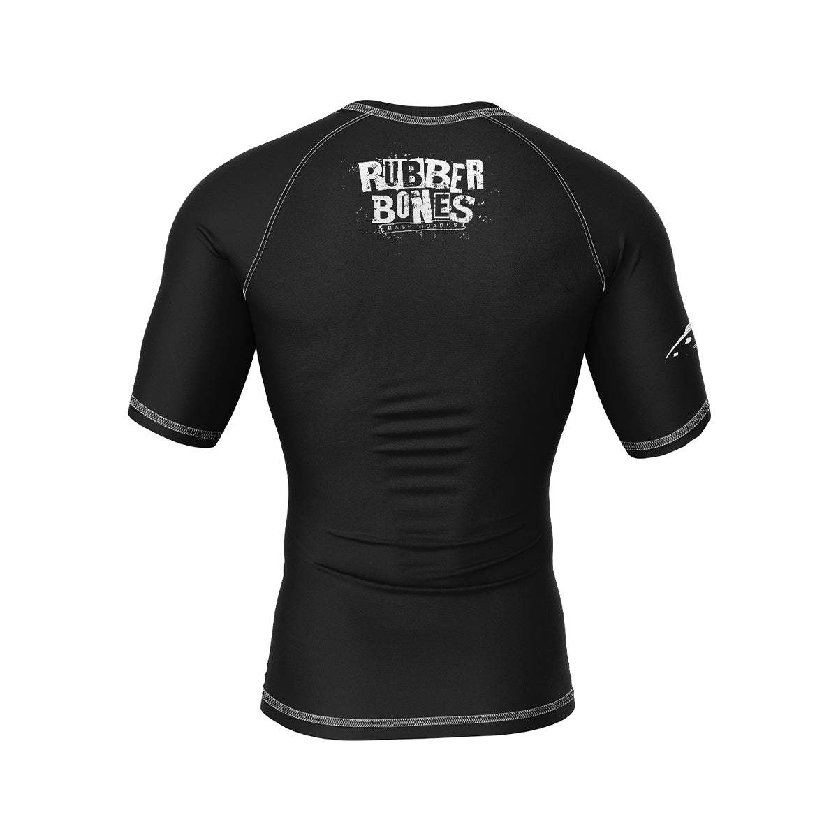 Black short-sleeve BJJ rash guard with a minimalist design. Features the 'Rubber Bones Rash Guards' logo in distressed white print on the upper back, with subtle cosmic-inspired graphics on the sleeves.