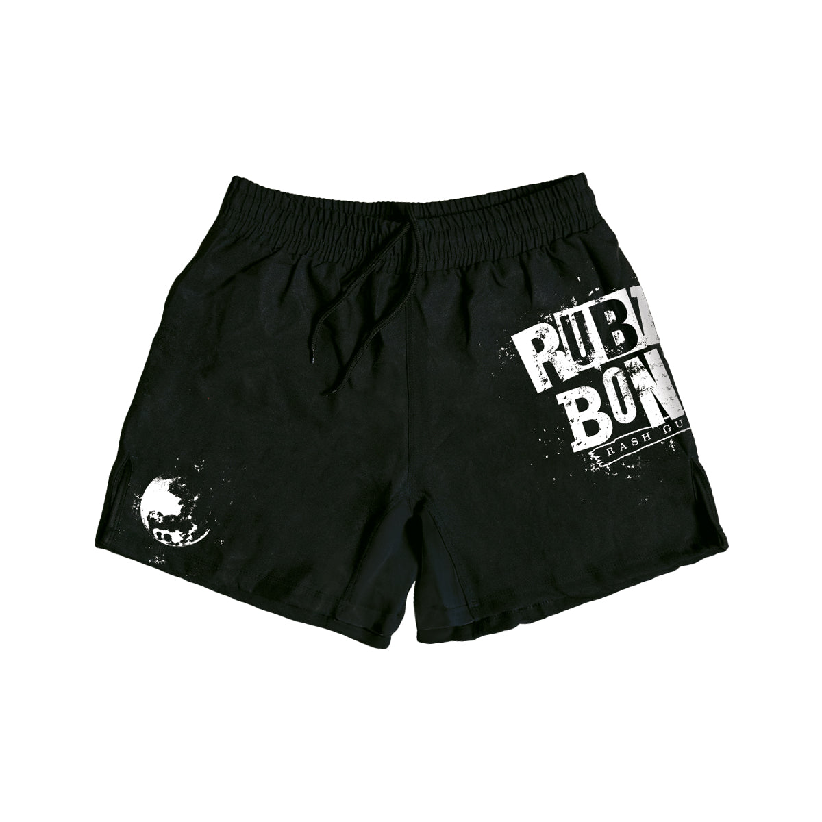 Black BJJ shorts with a grunge-style white 'Rubber Bones Rash Guards' logo on the leg. Features a minimalist cosmic-inspired moon design on the opposite side, with an elastic waistband and drawstring closure for a secure fit.