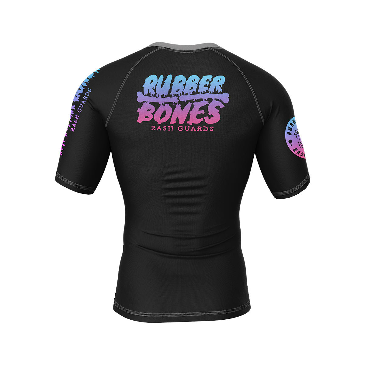 Back view of the Cotton Candy BJJ rash guard by Rubber Bones. Features a black base with the Rubber Bones logo in a pastel gradient of pink, purple, and blue. The sleeves have matching branding details for a sleek yet playful look.