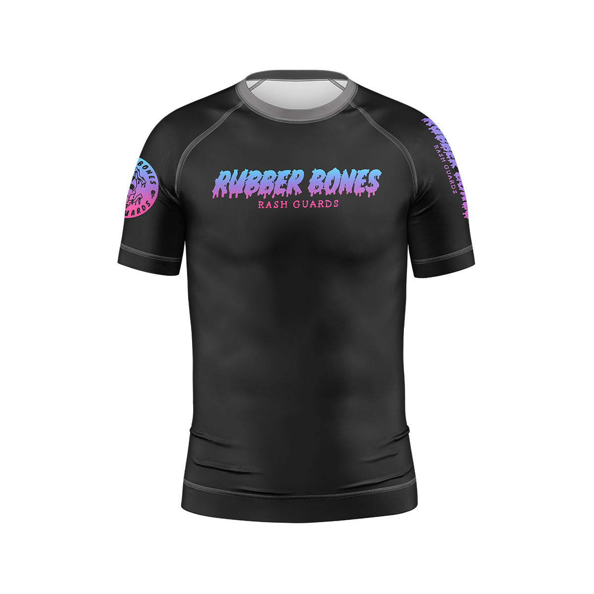 Front view of the Cotton Candy Kids BJJ rash guard by Rubber Bones. A minimalist black rash guard with the Rubber Bones logo in a cotton candy-inspired gradient of pink, purple, and blue across the chest. Subtle branding on the sleeves adds extra detail.