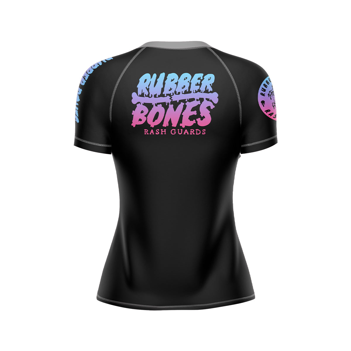 Back view of the women's Cotton Candy BJJ rash guard by Rubber Bones. Designed with a black base, featuring the Rubber Bones logo in a pastel pink, purple, and blue gradient. Sleeve branding ties the design together for a cohesive style.