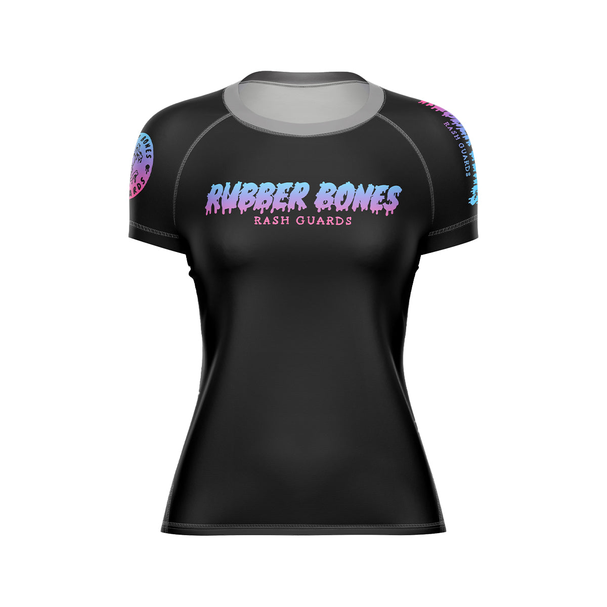 Front view of the women's Cotton Candy BJJ rash guard by Rubber Bones. A sleek black rash guard with a pastel gradient Rubber Bones logo across the chest. Simple yet bold, with sleeve branding for added detail.