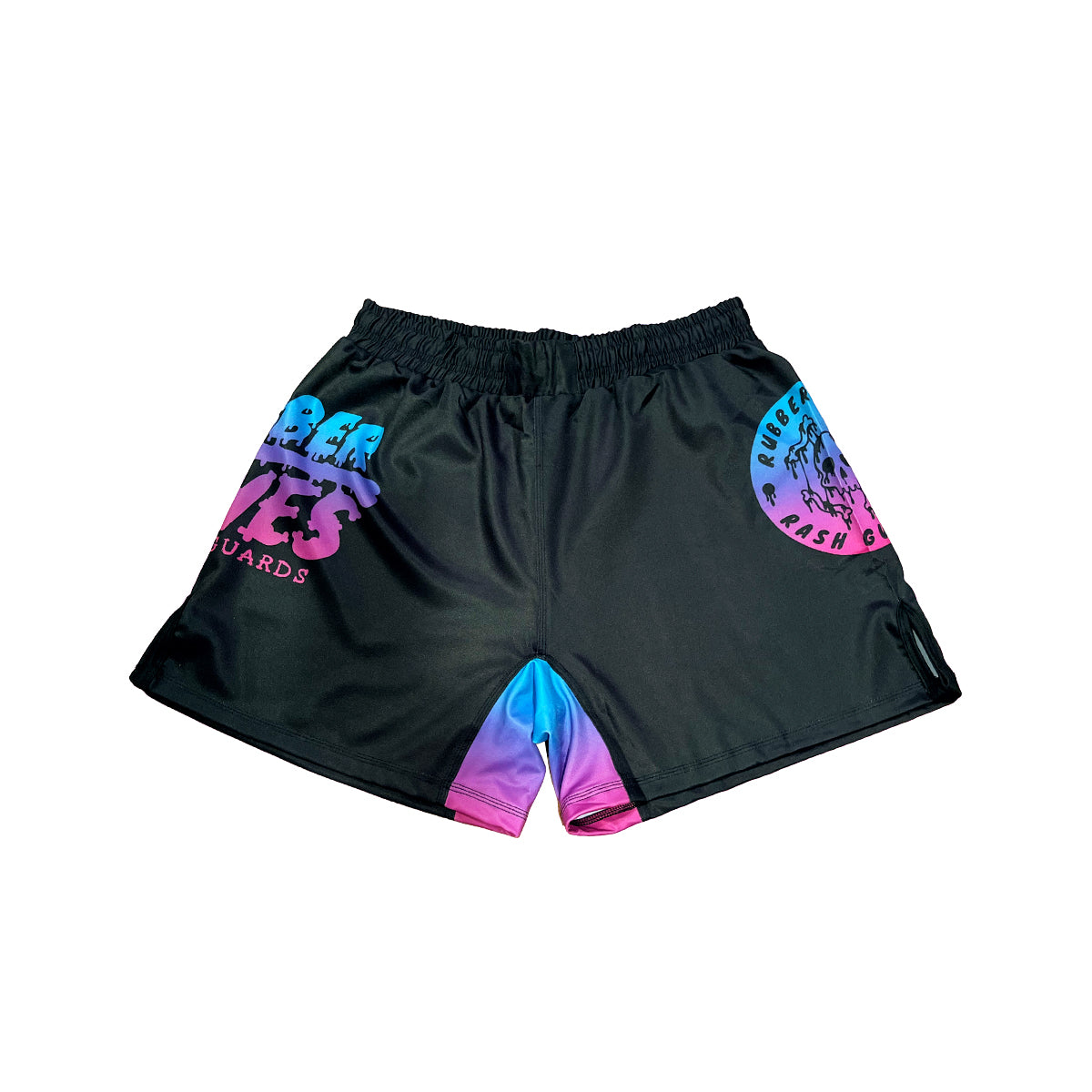 Front view of the Cotton Candy BJJ shorts, featuring a sleek black base with vibrant pink-to-blue gradient accents on the leg gusset. The Rubber Bones logo appears in a dripping, neon-style font on one leg, while a circular skull emblem adds extra detail on the other.