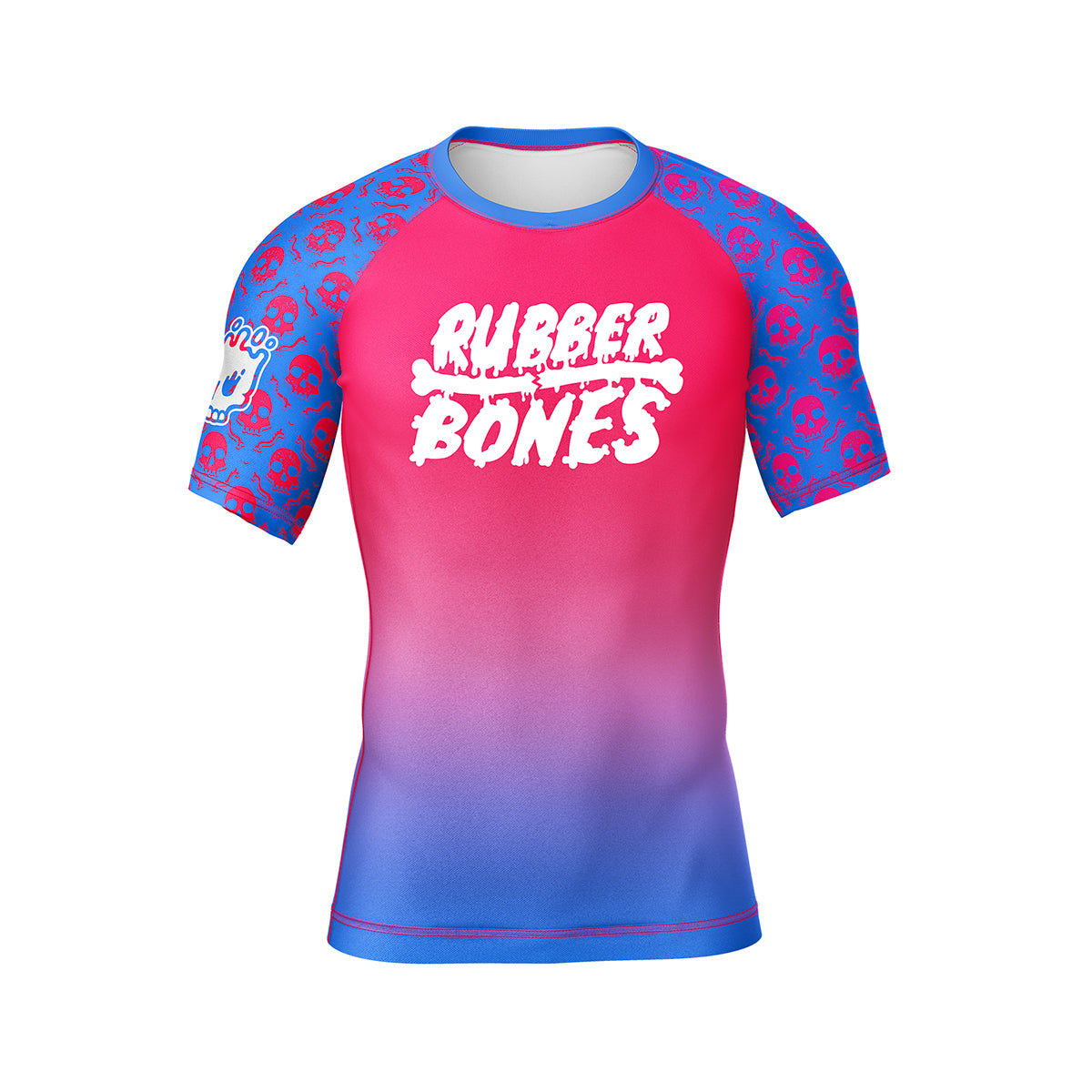 Front flat lay of the Rubber Bones Toxic Berry men’s short sleeve BJJ rash guard featuring pink and blue gradient body with skull print sleeves.
