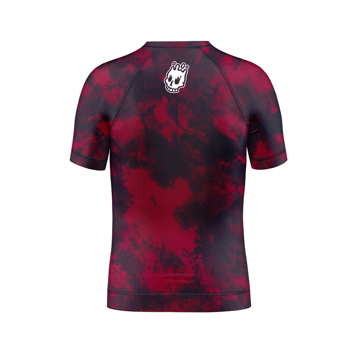 Back view of the Kids Ember BJJ Rash Guard showing red and black pattern with white melting skull Rubber Bones logo near neckline.