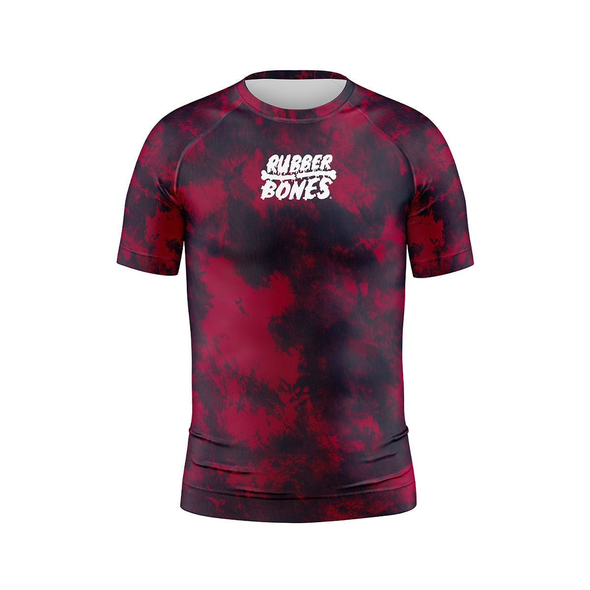 Kids Ember BJJ Rash Guard – short sleeve red and black rash guard with white Rubber Bones logo on chest, front view on plain background.
