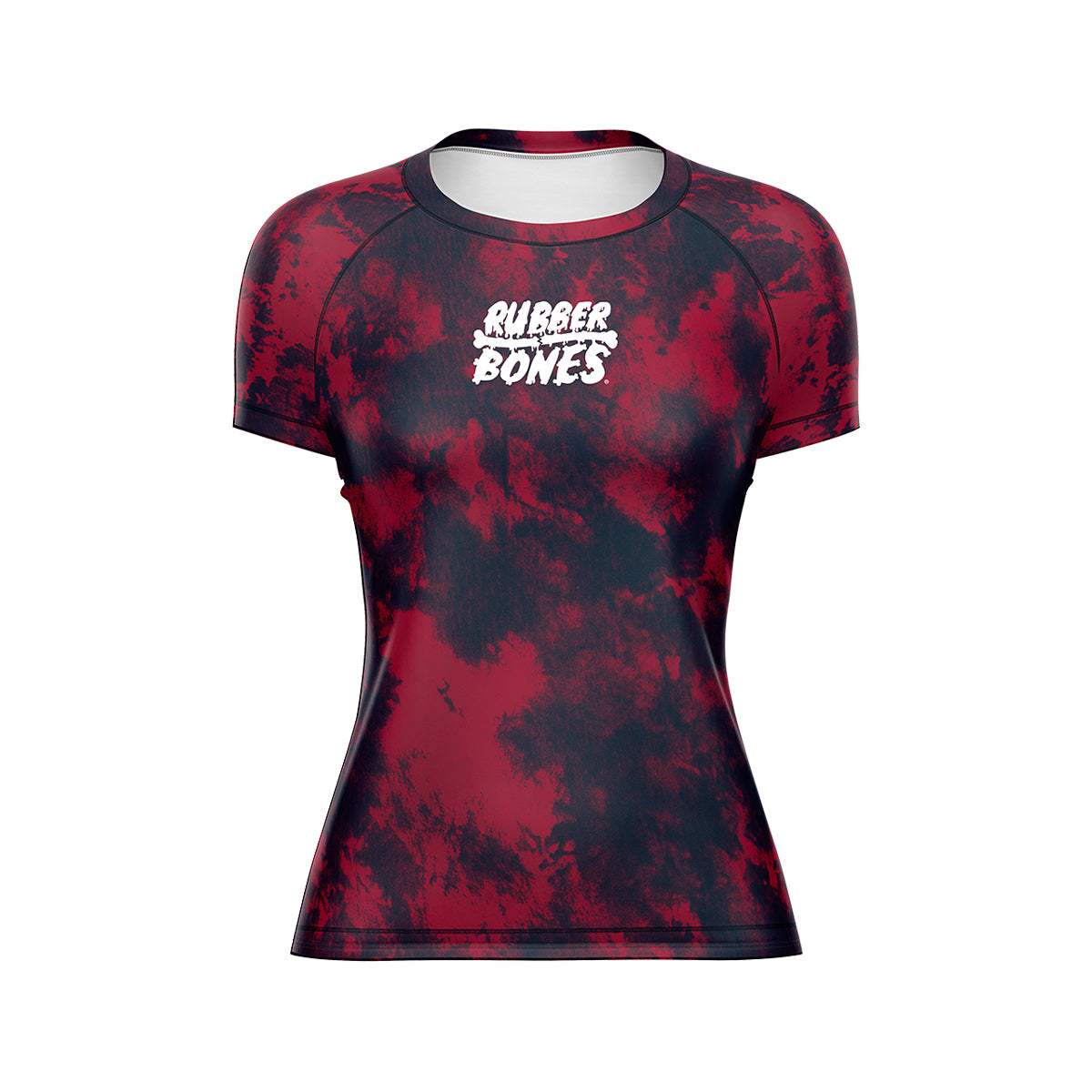 Women’s Ember BJJ Rash Guard – short sleeve red and black rash guard with white Rubber Bones logo on chest, front view on plain background.