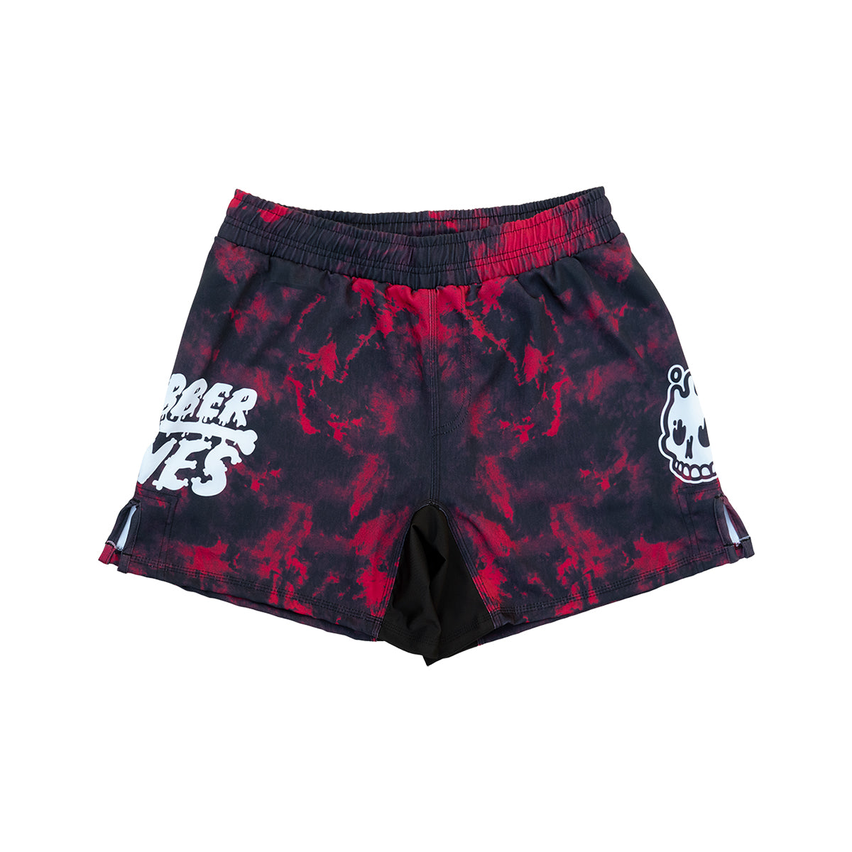 Front view of Rubber Bones Ember BJJ shorts in black and red tie-dye pattern with white skull and logo graphics on each leg.