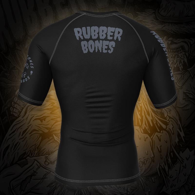 Mock-up of Pumpkin Pie Halloween Rash Guard showcasing bold Halloween-themed artwork, back view.