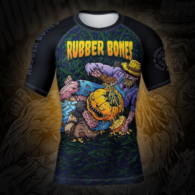 Mock-up of Pumpkin Pie Halloween Rash Guard featuring zombie farmer triangle-choking pumpkin-headed scarecrow, front view.