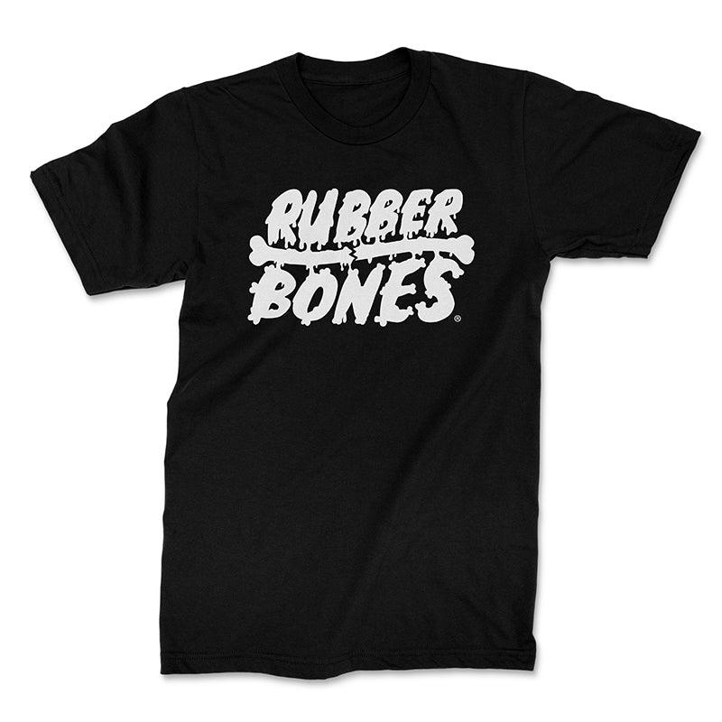 Flat lay of Rubber Bones Black T-Shirt with bold white logo screen print.